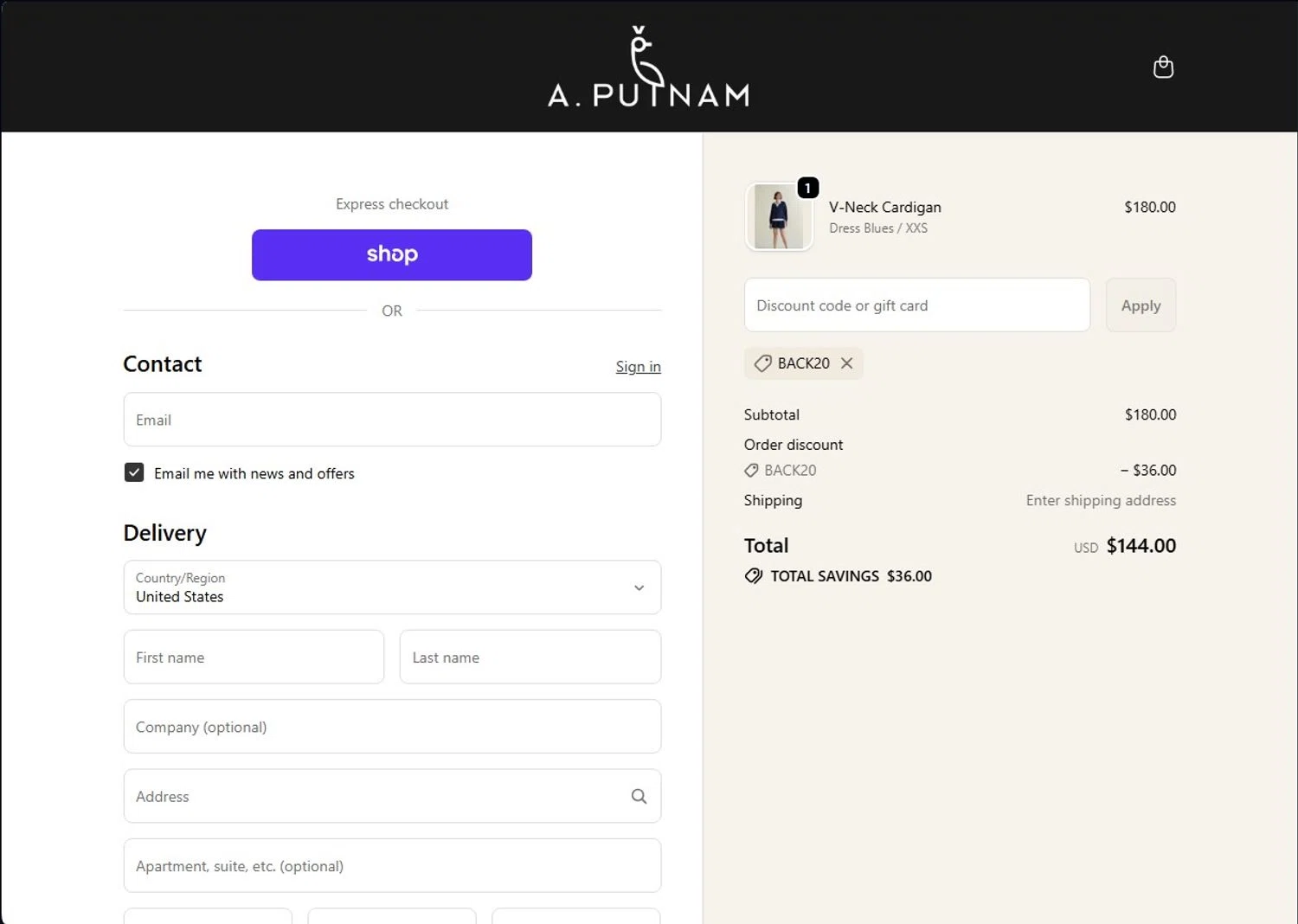 A. Putnam promo code screenshot showing code BACK20 applied at A. Putnam checkout page. Uploaded by SimplyCodes community member andrescarreraborges on Dec 29, 2025