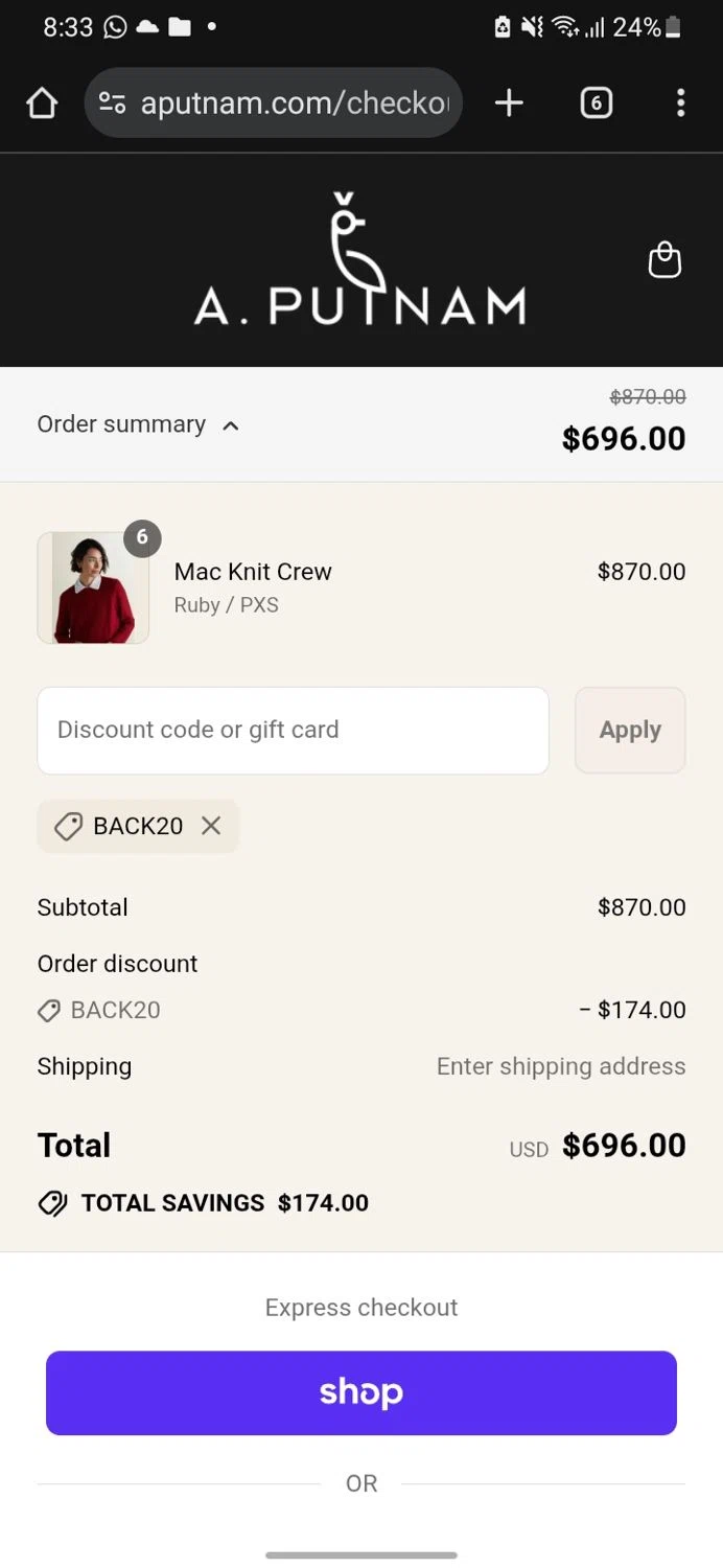 A. Putnam promo code screenshot showing code BACK20 applied at A. Putnam checkout page. Uploaded by SimplyCodes community member miguelcrast on Sep 13, 2025