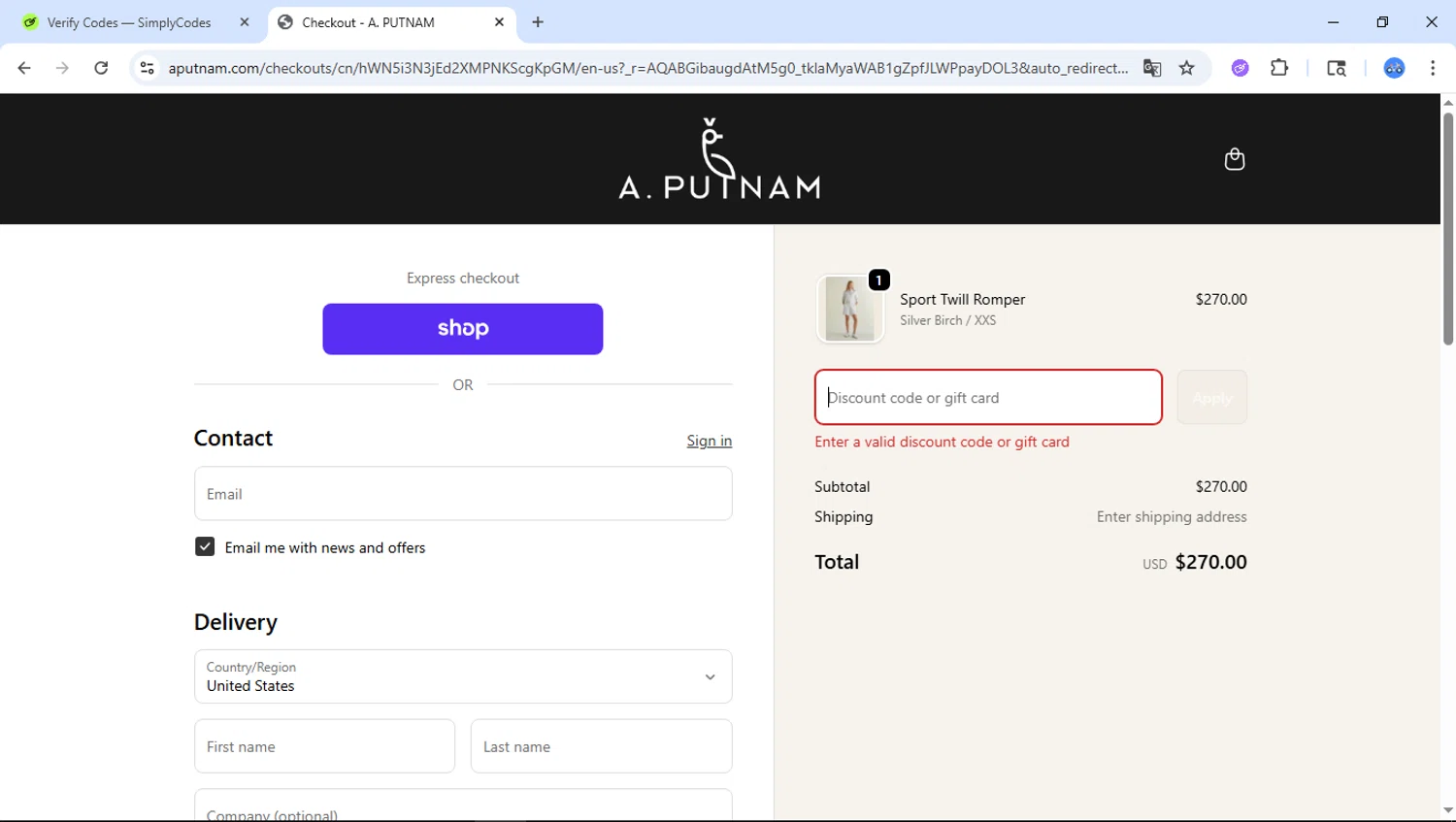 A. Putnam promo code screenshot showing code Mariah40 applied at A. Putnam checkout page. Uploaded by SimplyCodes community member DiscountTiger7630 on Nov 25, 2025