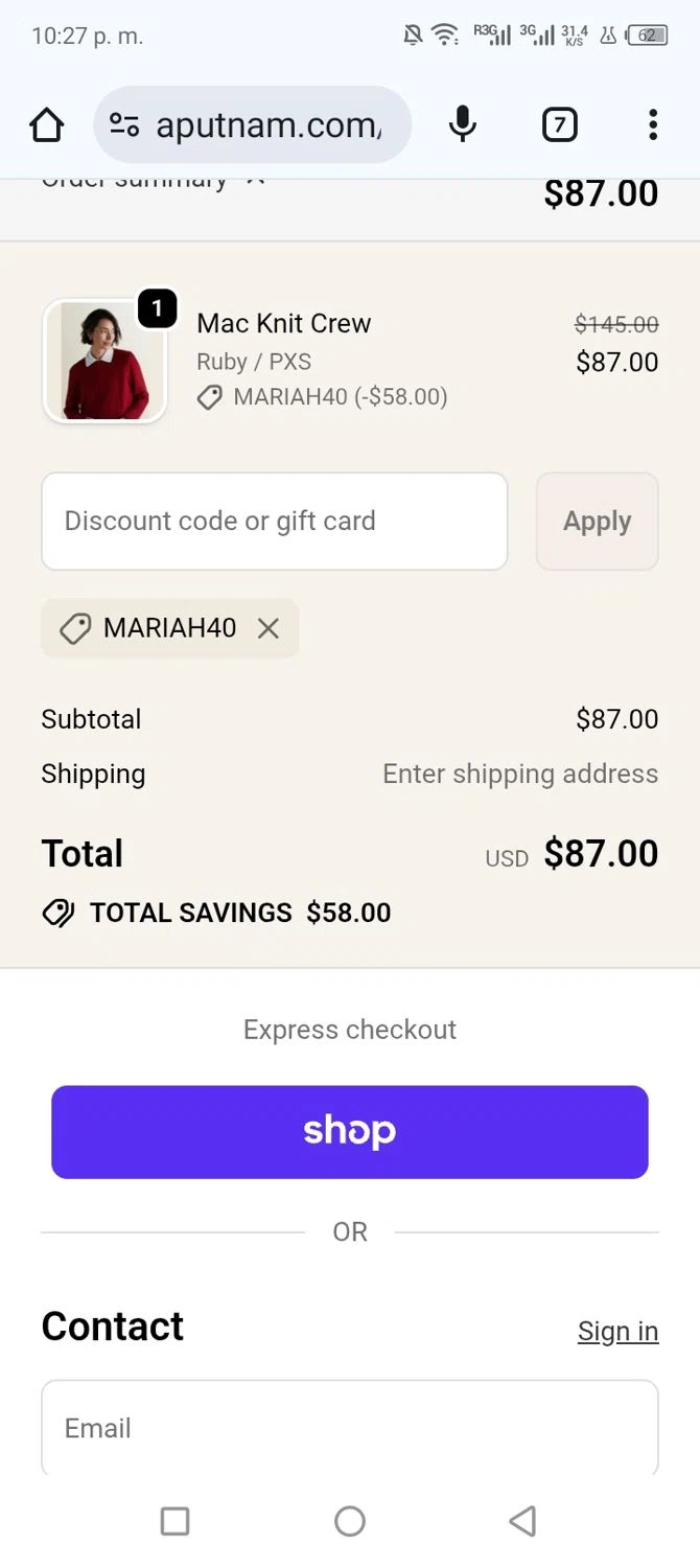 A. Putnam promo code screenshot showing code Mariah40 applied at A. Putnam checkout page. Uploaded by SimplyCodes community member shark12 on Nov 11, 2025
