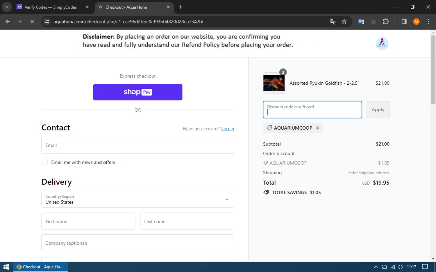 Aqua Huna checkout page showing Aqua Huna discount code box | Screenshot taken by SimplyCodes community member on Feb 9, 2024