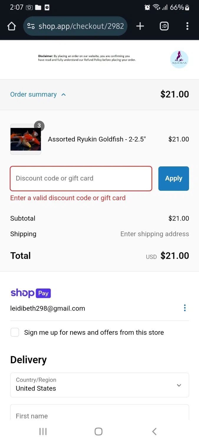 Aqua Huna discount code screenshot showing code AQUARIUMCOOP applied at Aqua Huna checkout page. Uploaded by SimplyCodes community member Jose29 on Feb 28, 2025