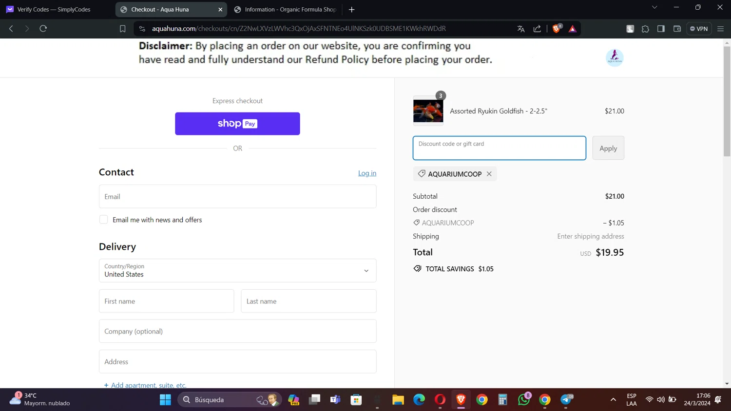 Aqua Huna checkout page showing Aqua Huna discount code box | Screenshot taken by SimplyCodes community member on Mar 24, 2024