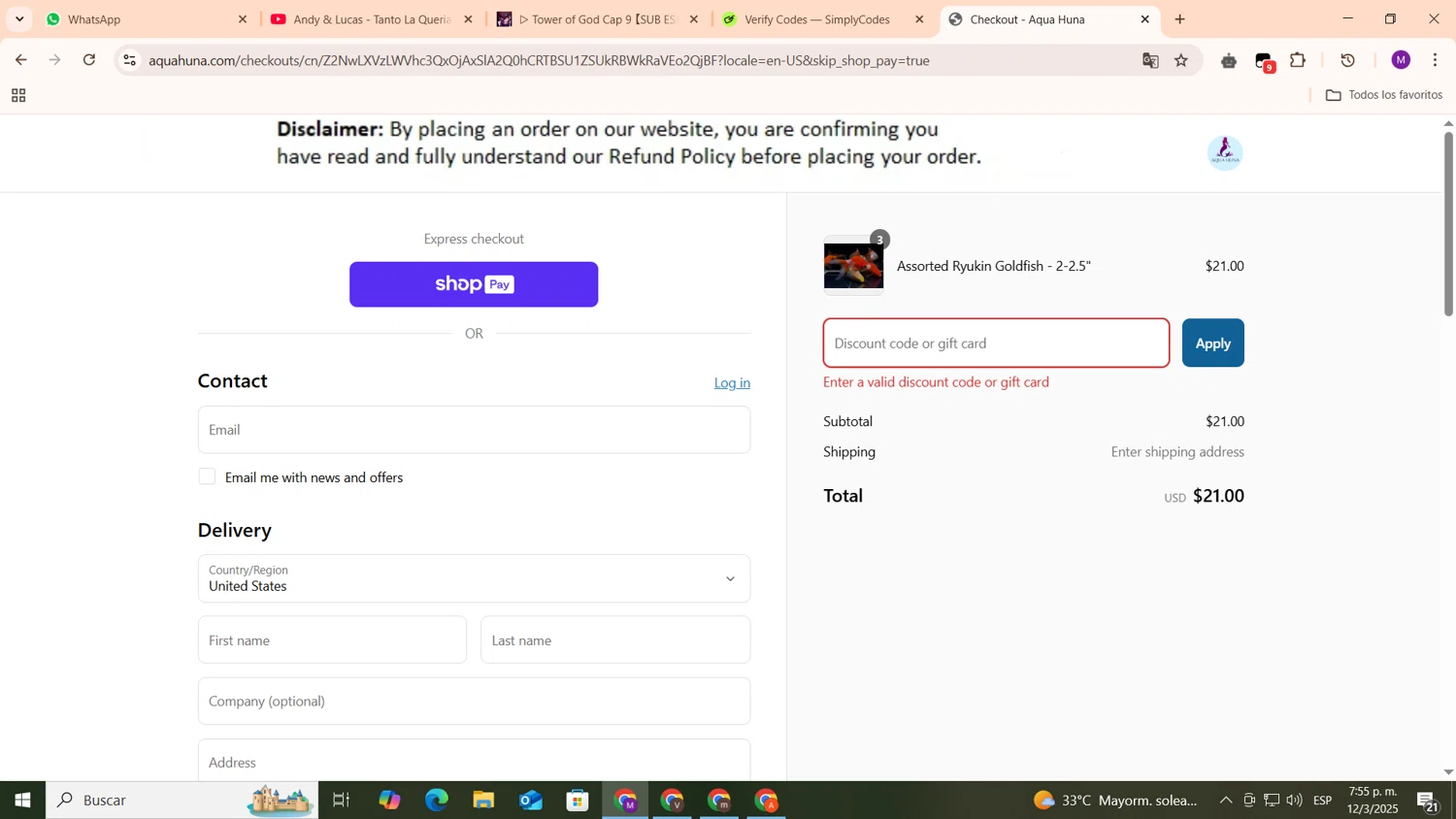 Aqua Huna discount code screenshot showing code AQUARIUMCOOP applied at Aqua Huna checkout page. Uploaded by SimplyCodes community member cod_gakpo on Mar 12, 2025