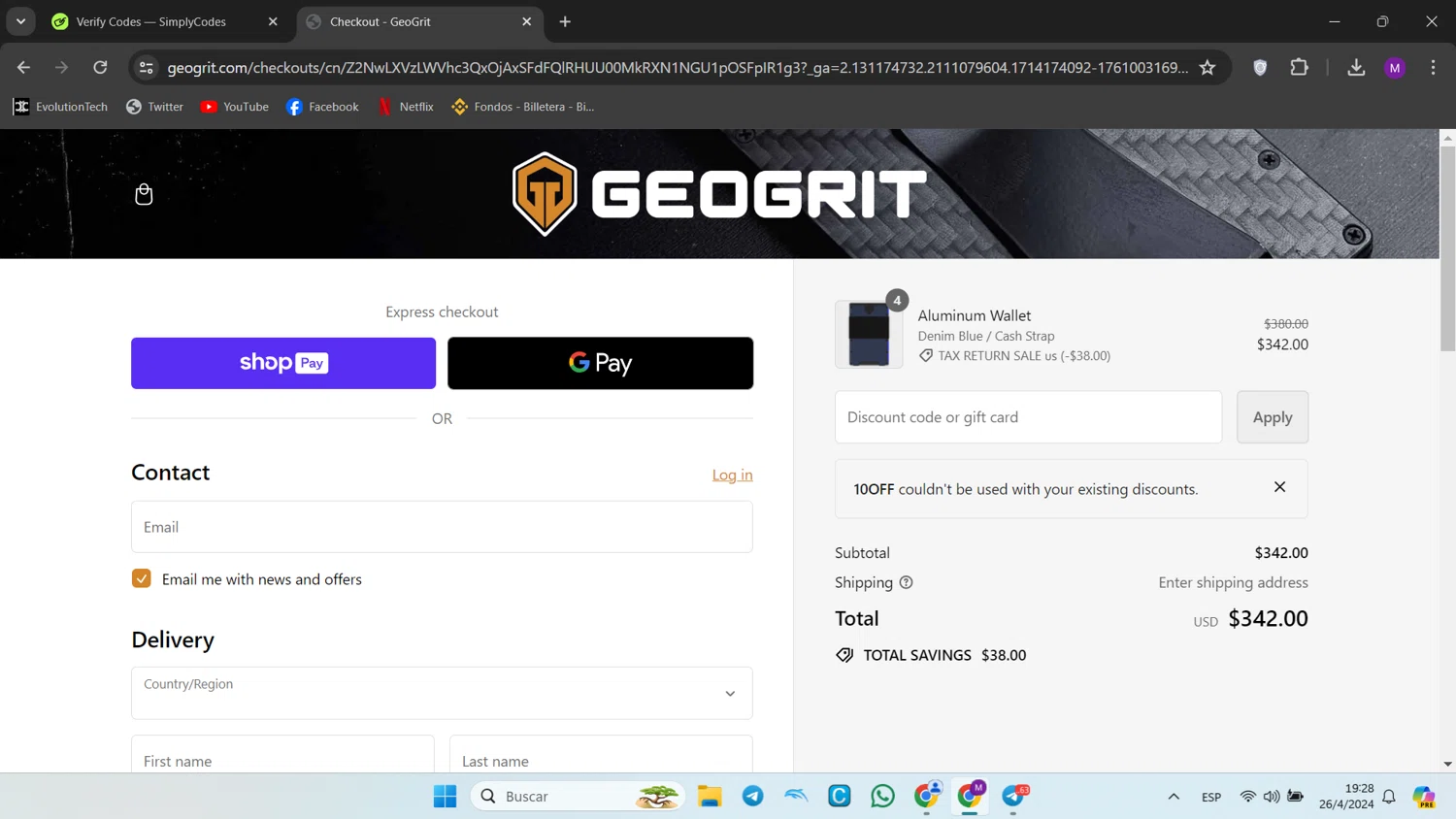 Aqua Huna checkout page showing Aqua Huna discount code box | Screenshot taken by SimplyCodes community member on Apr 27, 2024