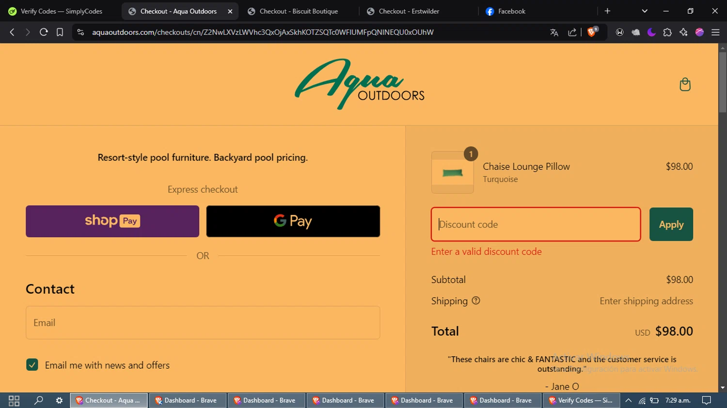 Aqua Outdoors promo code screenshot showing code DRESS25 applied at Aqua Outdoors checkout page. Uploaded by SimplyCodes community member laleyjose on Jan 14, 2025