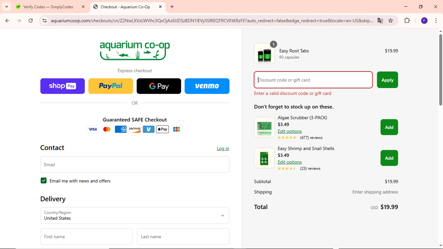 Aquarium Co-Op discount code screenshot showing code AQUARIUMCOOP applied at Aquarium Co-Op checkout page. Uploaded by SimplyCodes community member MightyCaptain635 on Apr 9, 2025
