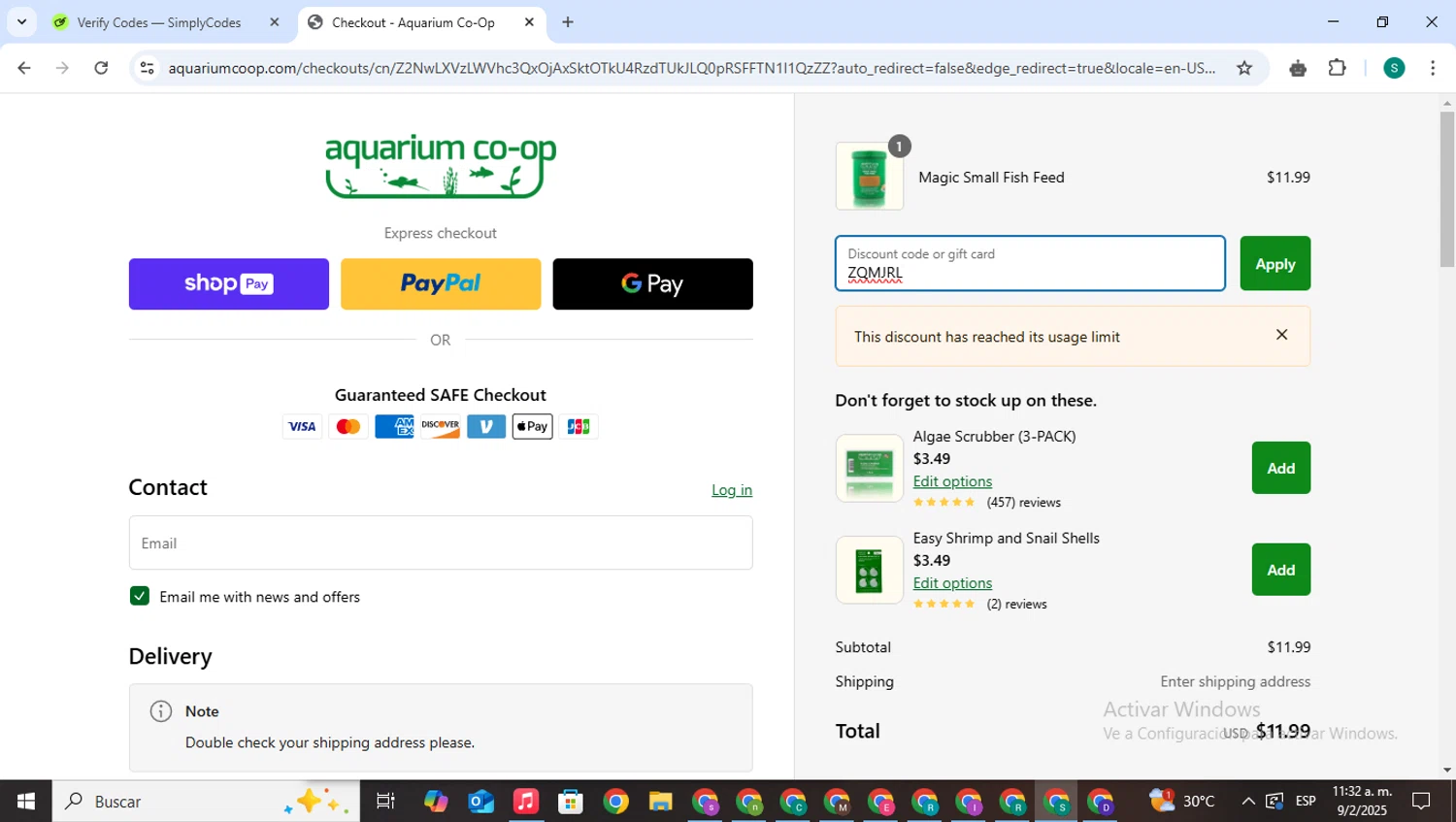 Aquarium Co-Op discount code screenshot showing code ZQMJRL applied at Aquarium Co-Op checkout page. Uploaded by SimplyCodes community member VictoriousPilot5281 on Feb 9, 2025
