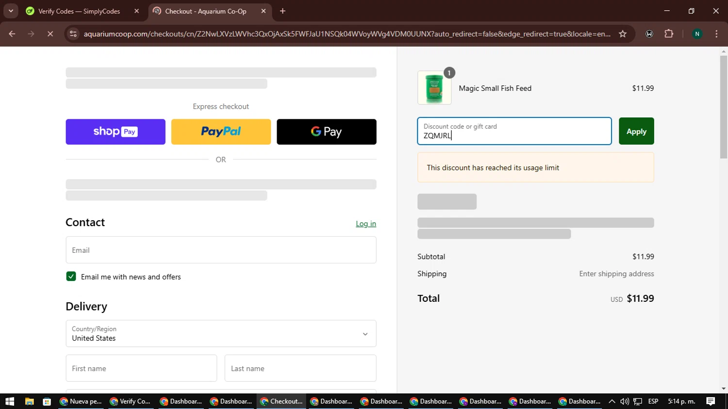 Aquarium Co-Op discount code screenshot showing code ZQMJRL applied at Aquarium Co-Op checkout page. Uploaded by SimplyCodes community member nataaokiiii on Mar 3, 2025