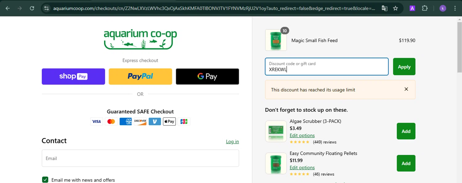 Aquarium Co-Op discount code screenshot showing code XREKWL applied at Aquarium Co-Op checkout page. Uploaded by SimplyCodes community member SwiftLynx6587 on Jan 21, 2025