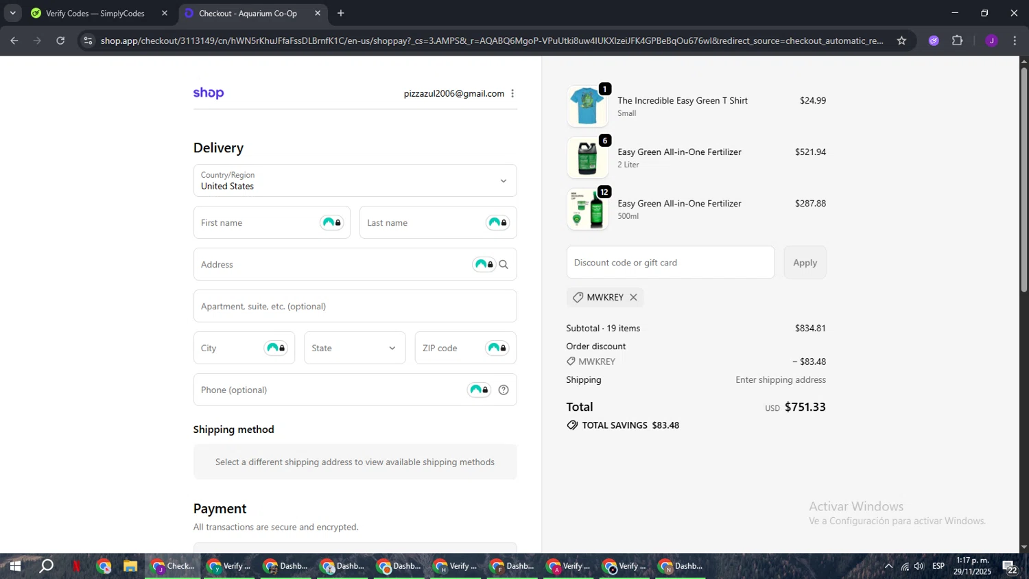 Aquarium Co-Op discount code screenshot showing code MWKREY applied at Aquarium Co-Op checkout page. Uploaded by SimplyCodes community member ComeBurra123 on Nov 29, 2025