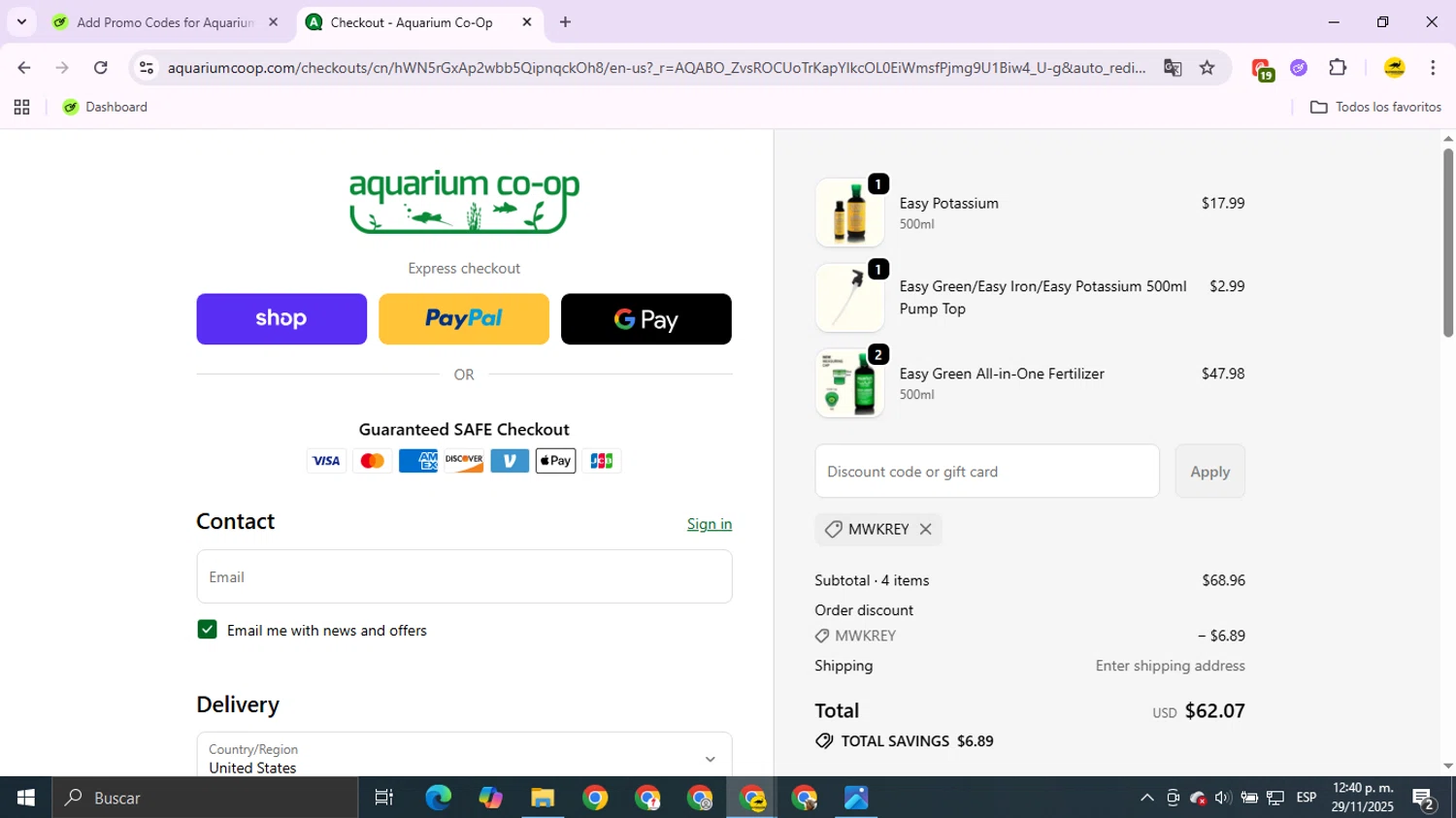 Aquarium Co-Op discount code screenshot showing code MWKREY applied at Aquarium Co-Op checkout page. Uploaded by SimplyCodes community member OldManEmu on Nov 29, 2025