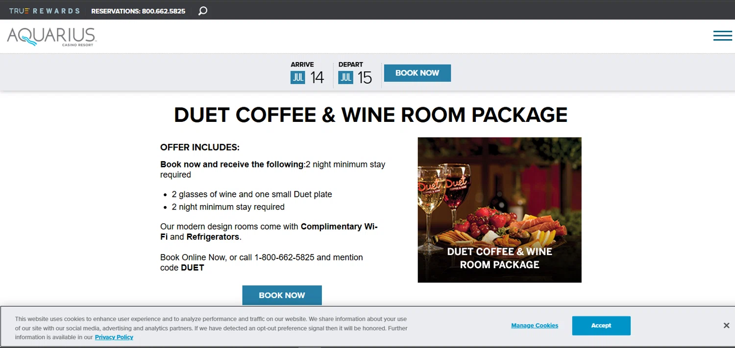 Aquarius Casino Resort promo code screenshot showing code DUET applied at Aquarius Casino Resort checkout page. Uploaded by SimplyCodes community member rapiddeals on Jul 14, 2025