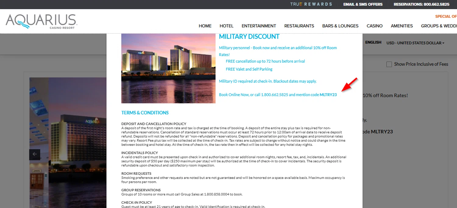 Aquarius Casino Resort promo code screenshot showing code MLTRY23 applied at Aquarius Casino Resort checkout page. Uploaded by SimplyCodes community member SimplyCVerlie on Feb 12, 2025