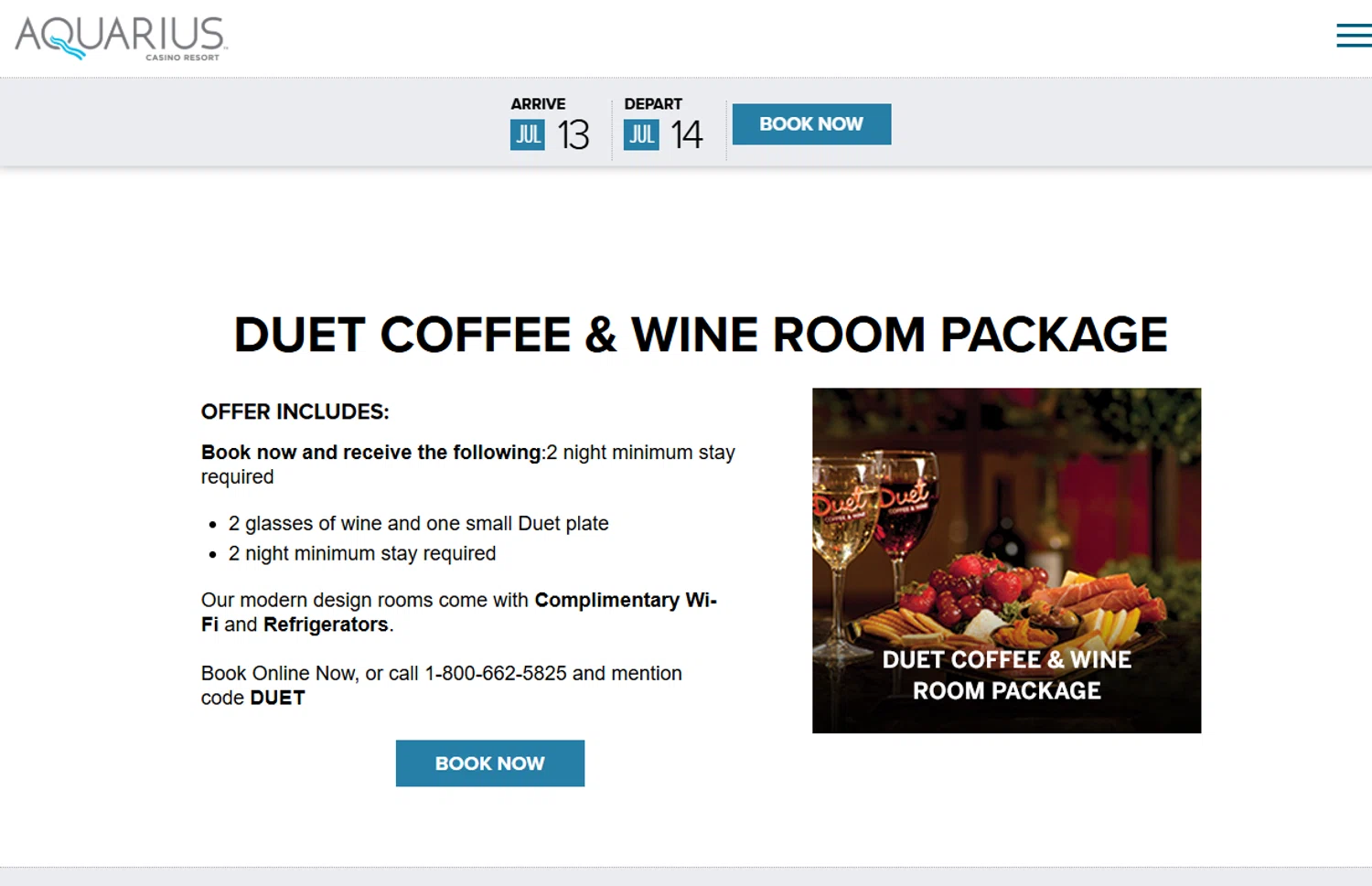 Aquarius Casino Resort promo code screenshot showing code DUET applied at Aquarius Casino Resort checkout page. Uploaded by SimplyCodes community member Dejadepicharme on Jul 13, 2025
