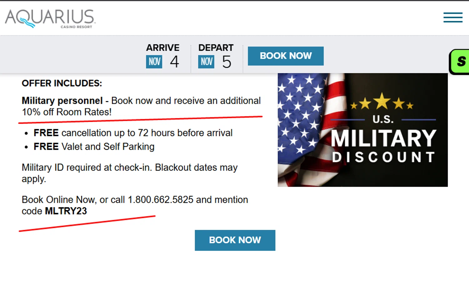Aquarius Casino Resort promo code screenshot showing code MLTRY23 applied at Aquarius Casino Resort checkout page. Uploaded by SimplyCodes community member paola49520 on Nov 4, 2025