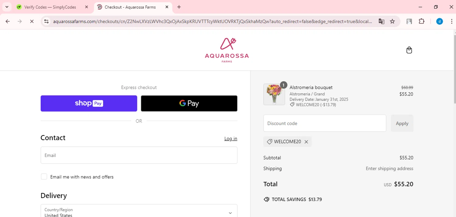 Aquarossa Farms promo code screenshot showing code WELCOME20 applied at Aquarossa Farms checkout page. Uploaded by SimplyCodes community member GloriousWizard8260 on Jan 26, 2025