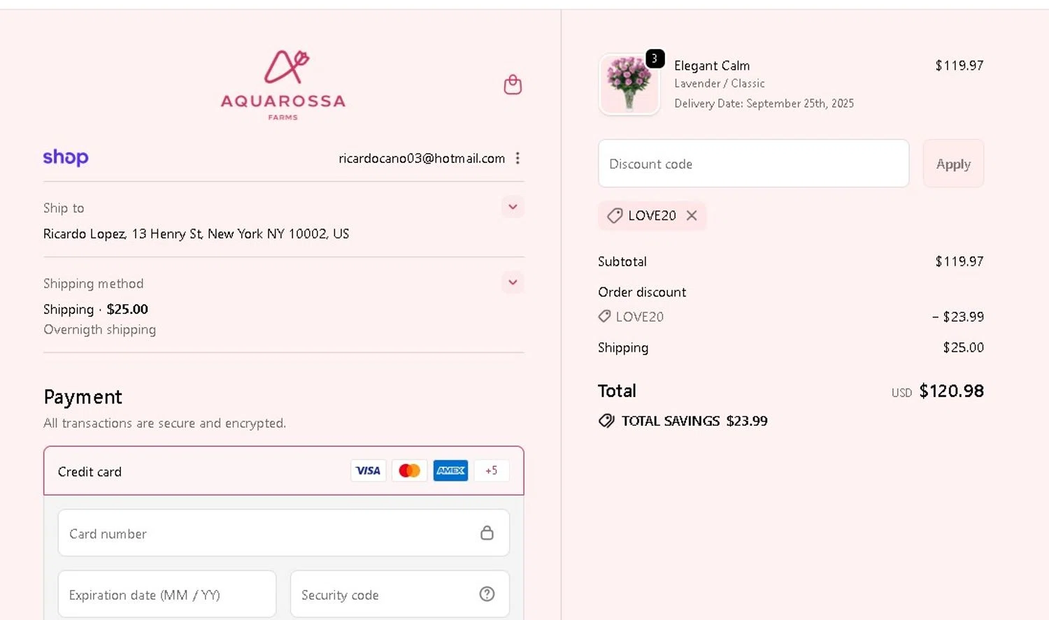 Aquarossa Farms promo code screenshot showing code LOVE20 applied at Aquarossa Farms checkout page. Uploaded by SimplyCodes community member LAMINEJAMAL on Sep 23, 2025