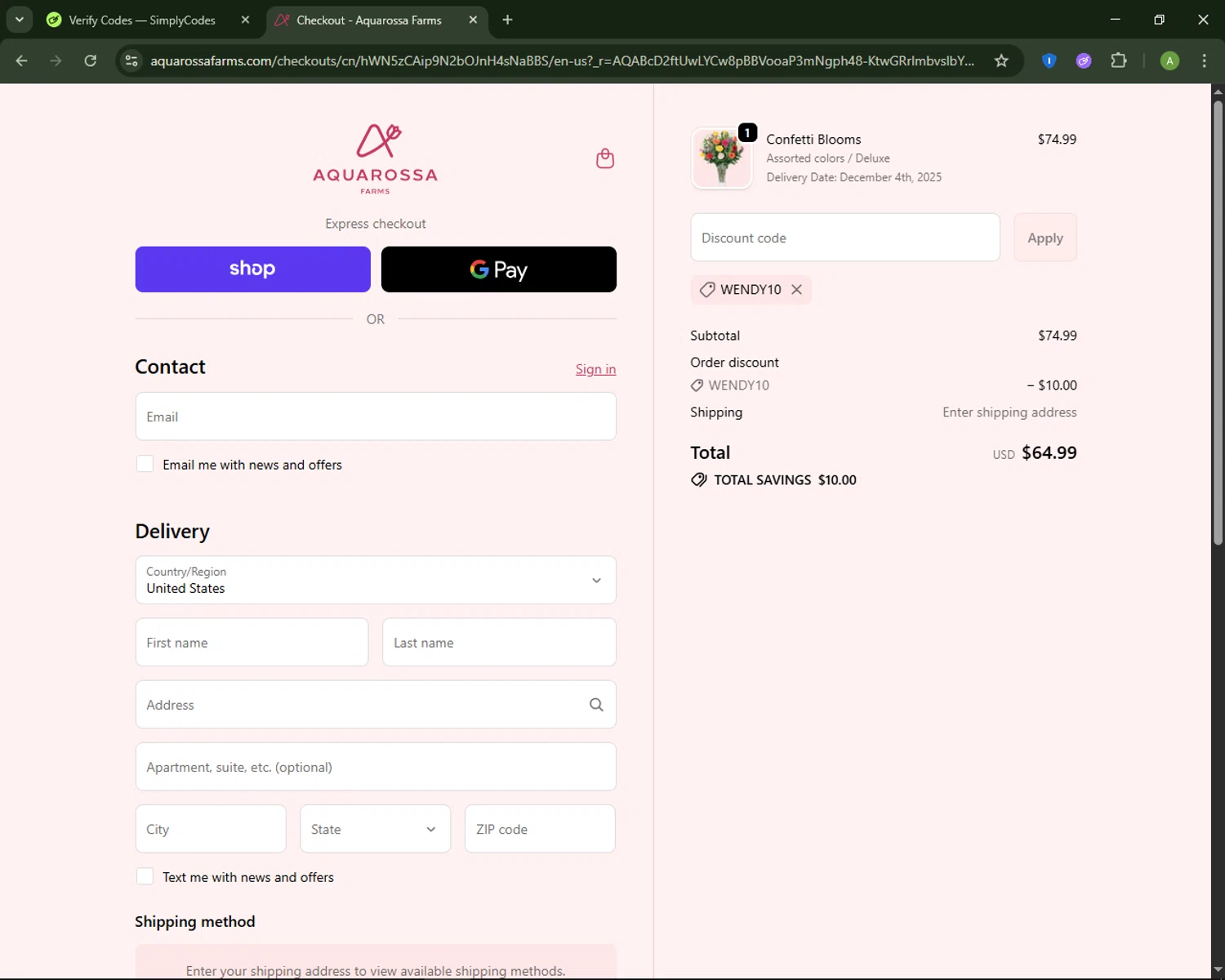 Aquarossa Farms promo code screenshot showing code WENDY10 applied at Aquarossa Farms checkout page. Uploaded by SimplyCodes community member MagnificentSaver708 on Dec 3, 2025