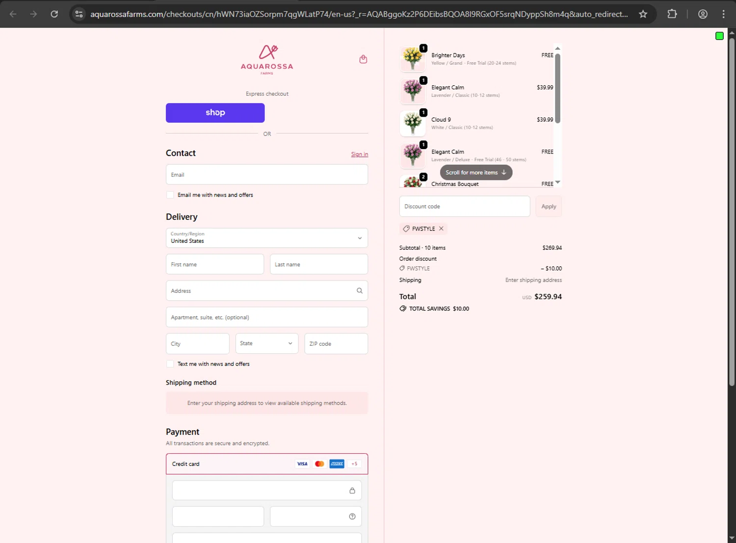 Aquarossa Farms promo code screenshot showing code FWSTYLE applied at Aquarossa Farms checkout page. Uploaded by SimplyCodes community member luffyreturn on Dec 31, 2025