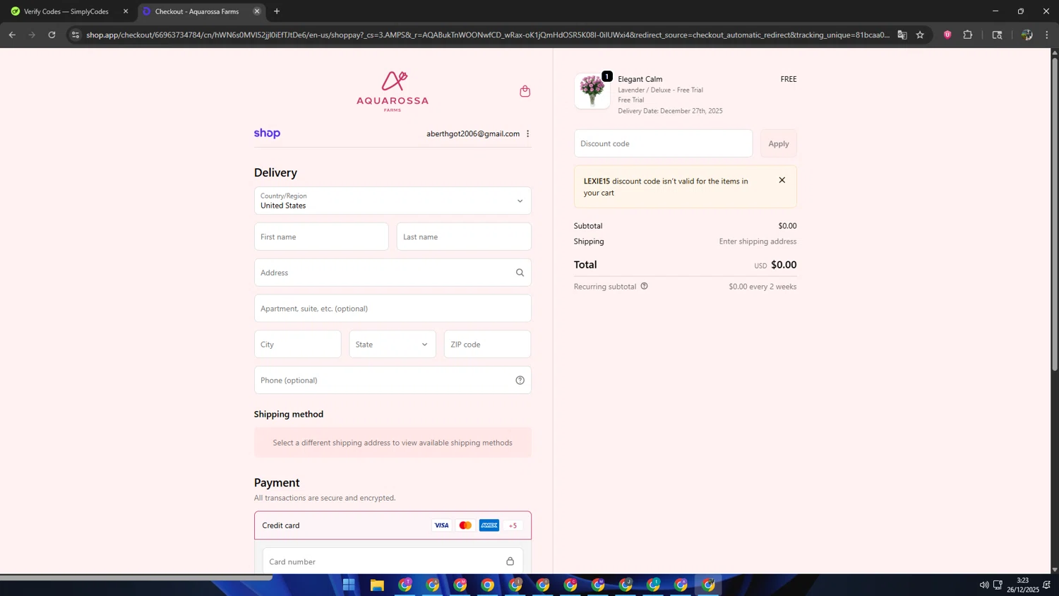 Aquarossa Farms promo code screenshot showing code LEXIE15 applied at Aquarossa Farms checkout page. Uploaded by SimplyCodes community member SAIKOO on Dec 26, 2025