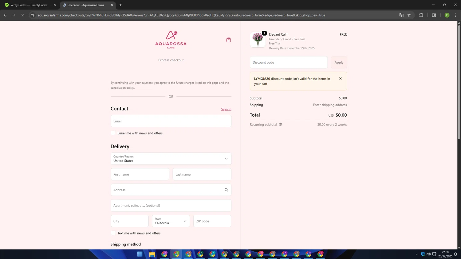 Aquarossa Farms promo code screenshot showing code lymom20 applied at Aquarossa Farms checkout page. Uploaded by SimplyCodes community member SUZUKIV on Dec 21, 2025