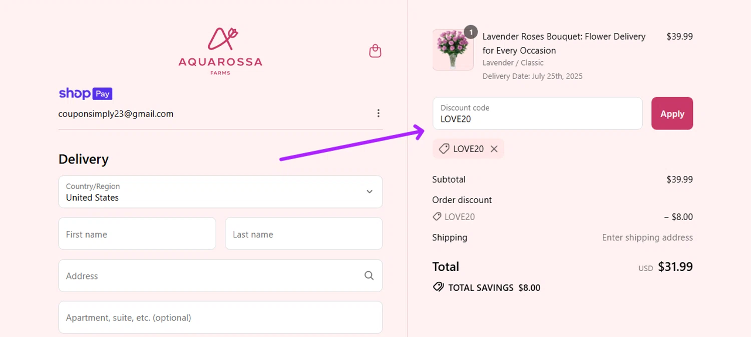 Aquarossa Farms promo code screenshot showing code LOVE20 applied at Aquarossa Farms checkout page. Uploaded by SimplyCodes community member TomaTuYukota on Jul 16, 2025