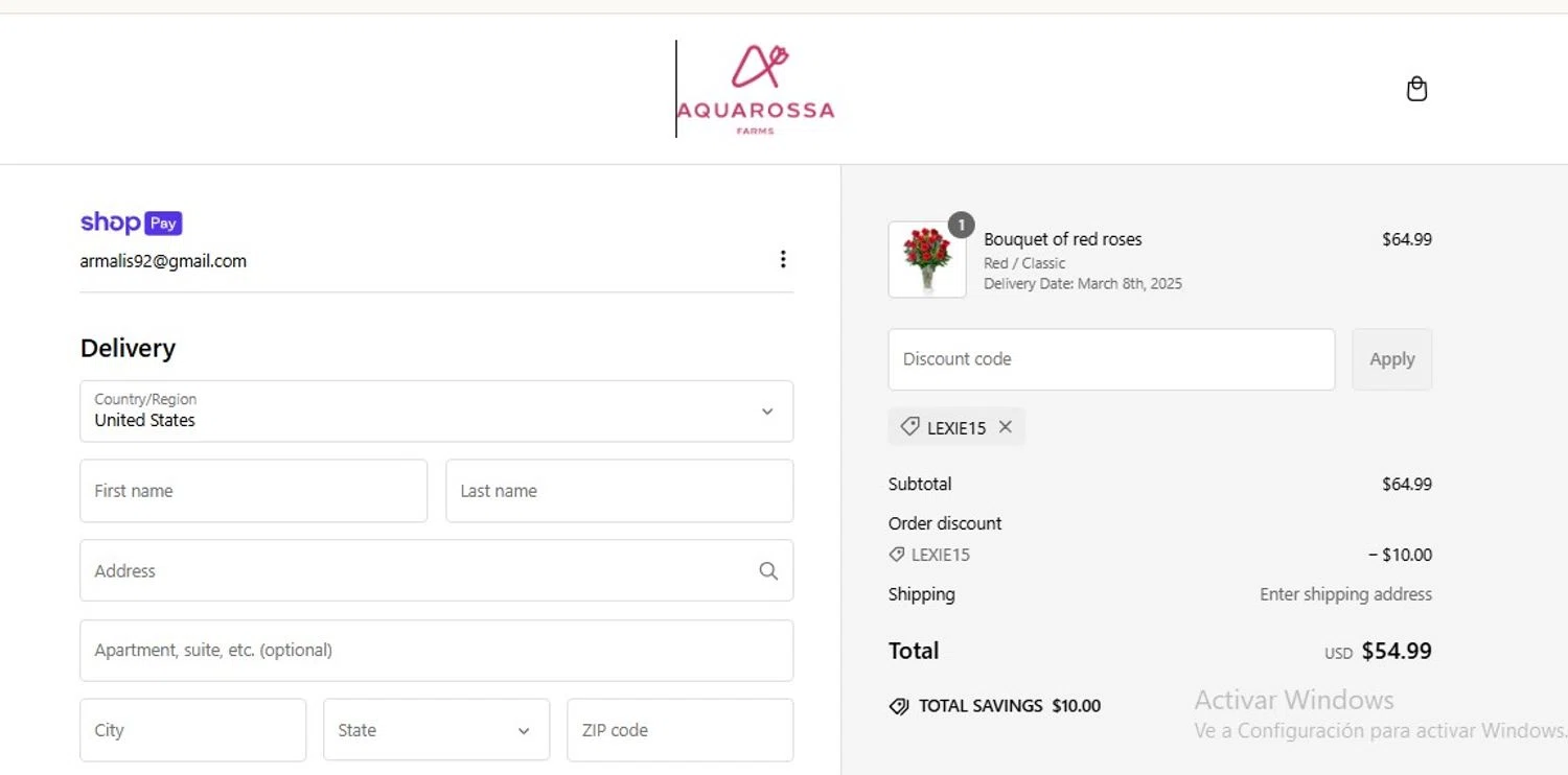 Aquarossa Farms promo code screenshot showing code LEXIE15 applied at Aquarossa Farms checkout page. Uploaded by SimplyCodes community member armalissolorzano1 on Mar 3, 2025