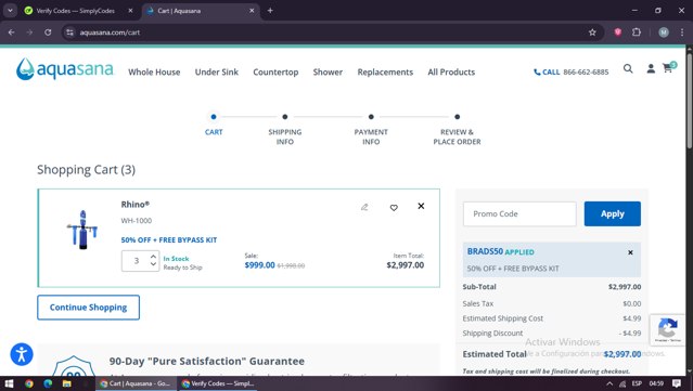 Aquasana Home Water Filters checkout page showing Aquasana Home Water Filters promo code box | Screenshot taken by SimplyCodes community member on Sep 5, 2025