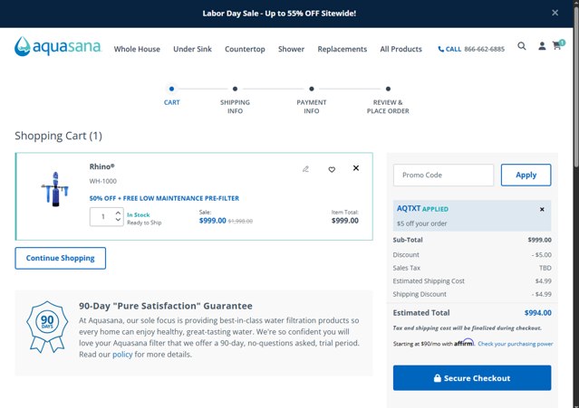 Aquasana Home Water Filters checkout page showing Aquasana Home Water Filters promo code box | Screenshot taken by SimplyCodes community member on Aug 29, 2025
