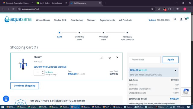 Aquasana Home Water Filters checkout page showing Aquasana Home Water Filters promo code box | Screenshot taken by SimplyCodes community member on Sep 5, 2025