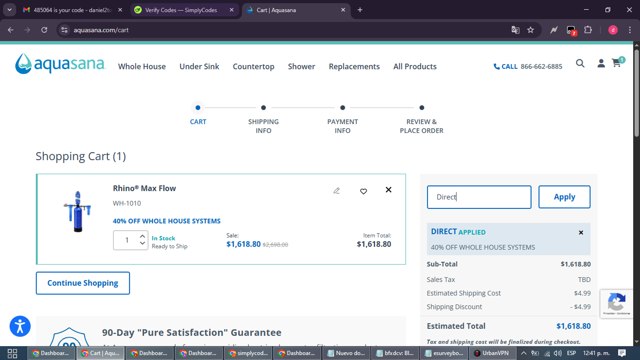 Aquasana Home Water Filters checkout page showing Aquasana Home Water Filters promo code box | Screenshot taken by SimplyCodes community member on Sep 5, 2025