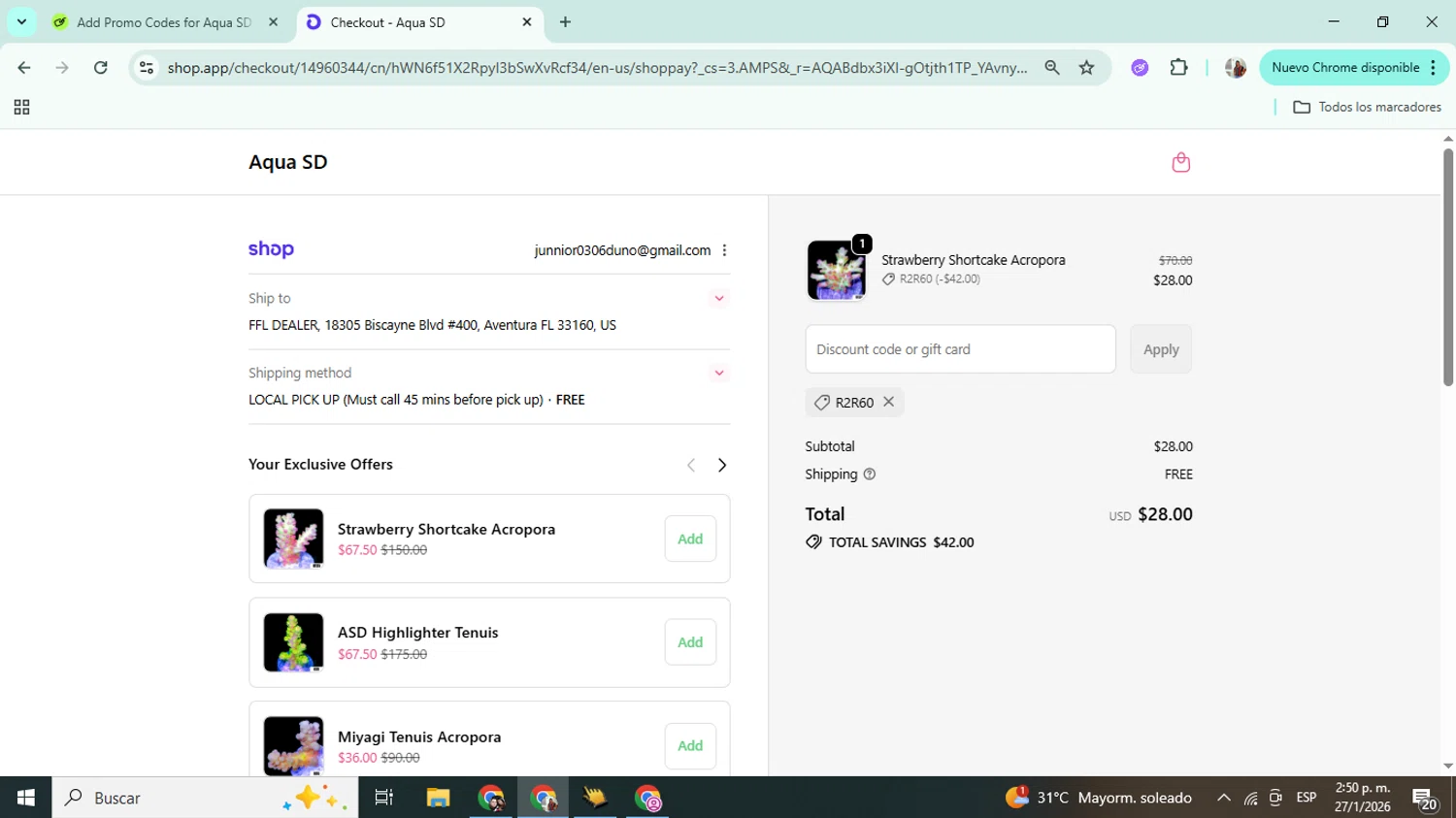 Aqua SD promo code screenshot showing code R2R60 applied at Aqua SD checkout page. Uploaded by SimplyCodes community member Mujerdejunnior on Jan 27, 2026