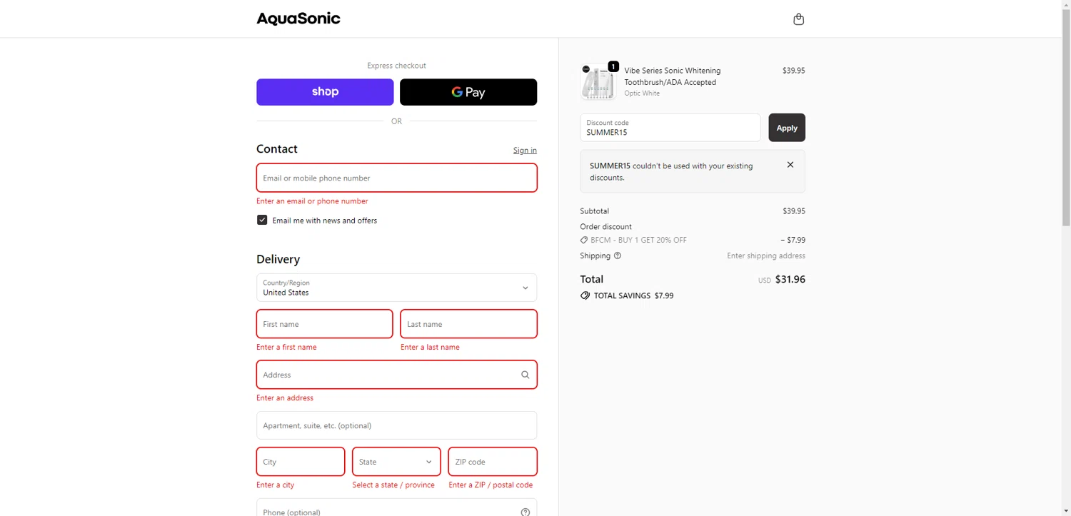 AquaSonic discount code screenshot showing code SUMMER15 applied at AquaSonic checkout page. Uploaded by SimplyCodes community member NobleMaestro6498 on Nov 13, 2025