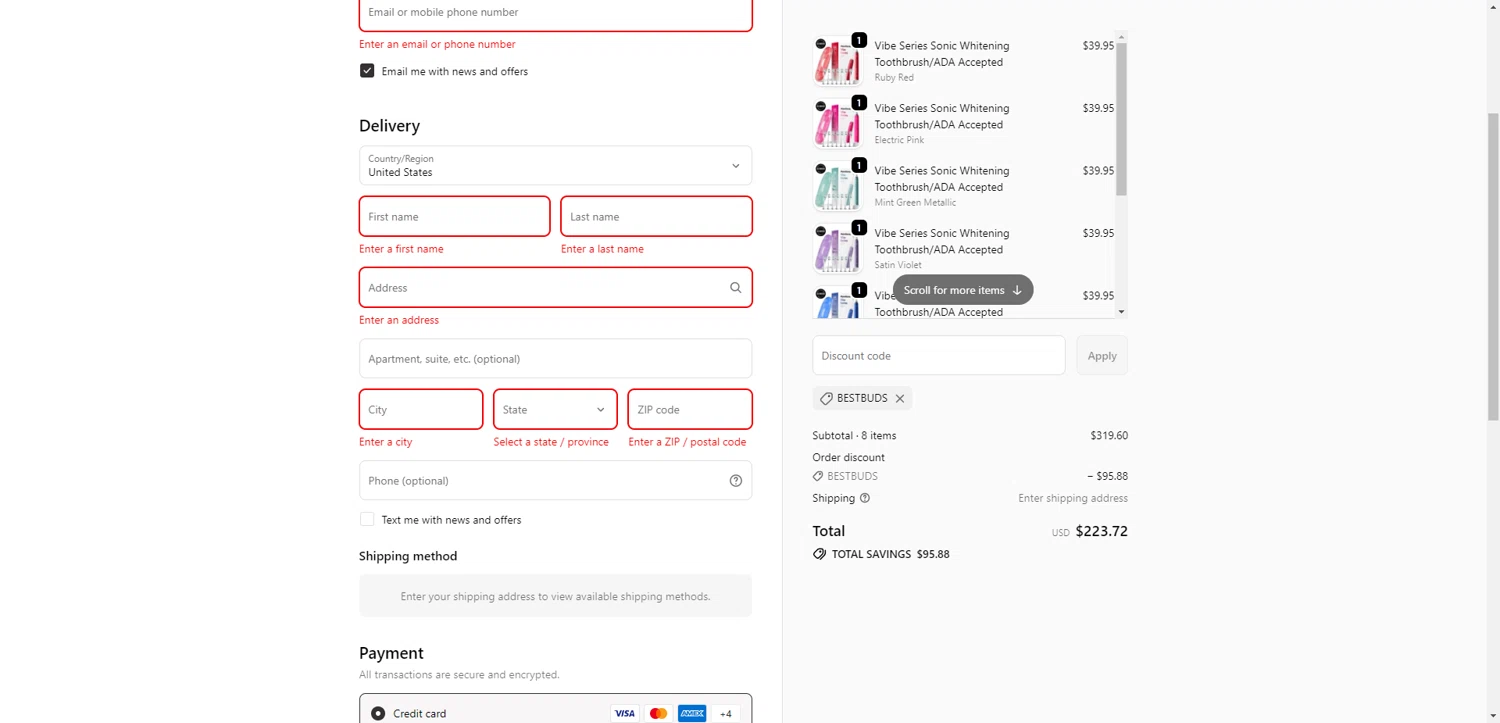 AquaSonic discount code screenshot showing code BESTBUDS applied at AquaSonic checkout page. Uploaded by SimplyCodes community member ThriftyPhoenix5129 on Nov 13, 2025