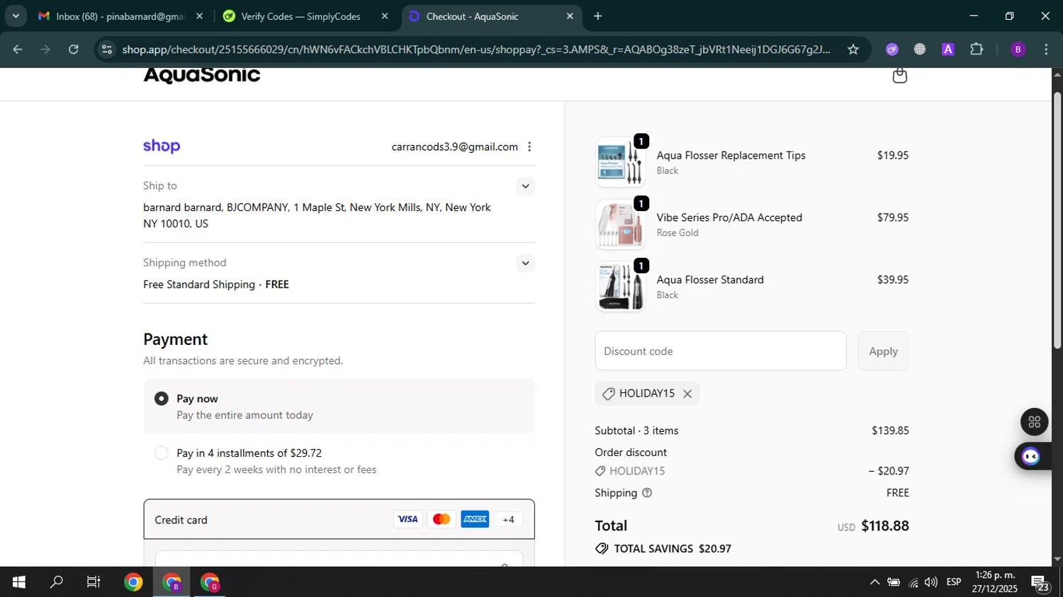 AquaSonic discount code screenshot showing code HOLIDAY15 applied at AquaSonic checkout page. Uploaded by SimplyCodes community member GoldCurator7936 on Dec 27, 2025