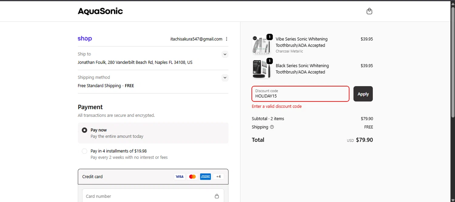 AquaSonic discount code screenshot showing code HOLIDAY15 applied at AquaSonic checkout page. Uploaded by SimplyCodes community member noworries on Jan 7, 2026