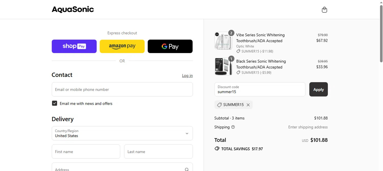 AquaSonic discount code screenshot showing code summer15 applied at AquaSonic checkout page. Uploaded by SimplyCodes community member shark12 on Aug 12, 2025