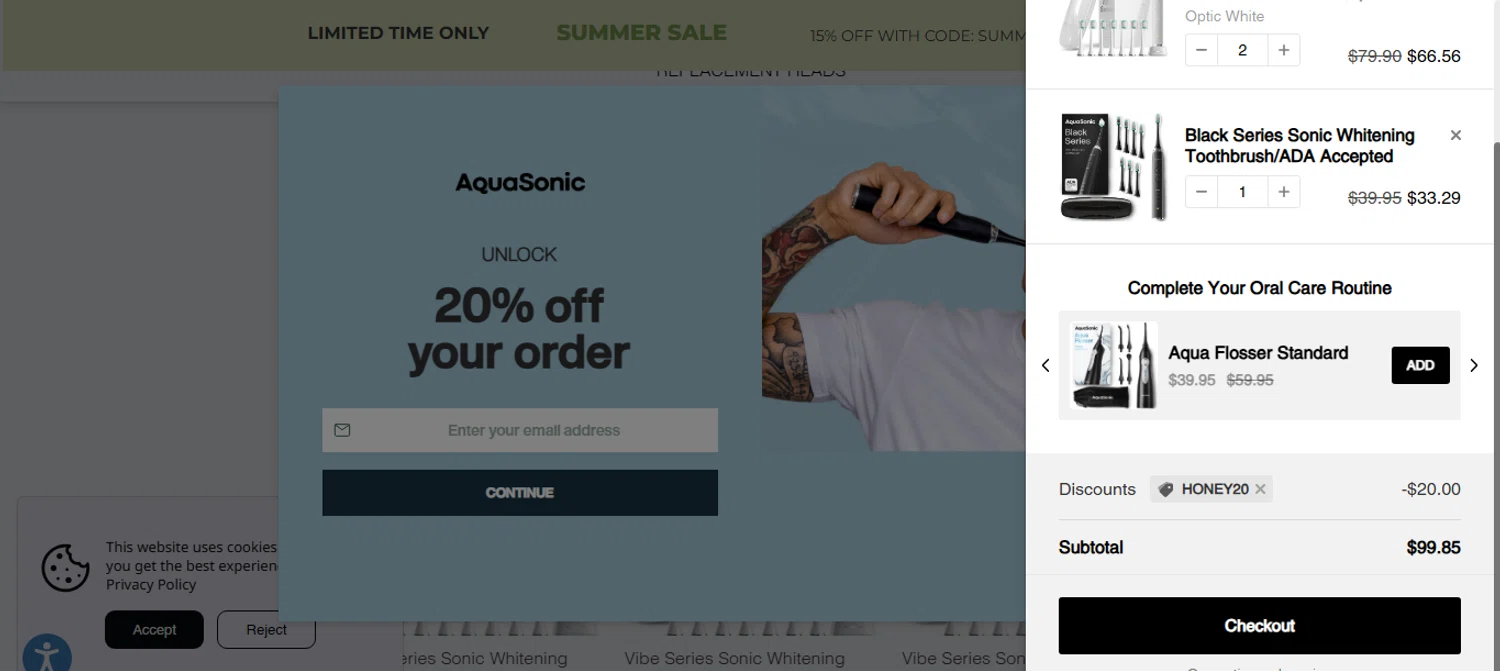 AquaSonic discount code screenshot showing code HONEY20 applied at AquaSonic checkout page. Uploaded by SimplyCodes community member shark12 on Aug 12, 2025