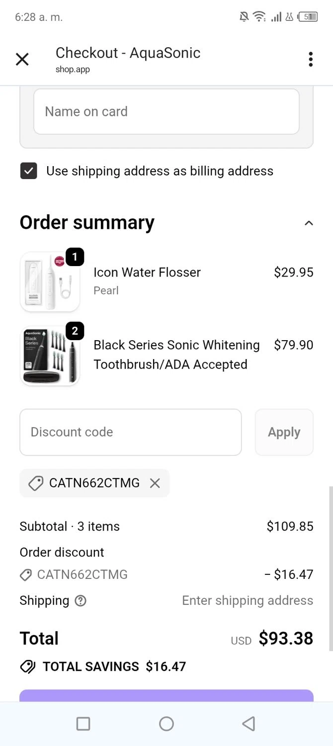AquaSonic discount code screenshot showing code CATN662CTMG applied at AquaSonic checkout page. Uploaded by SimplyCodes community member tumiedo on Jan 20, 2026