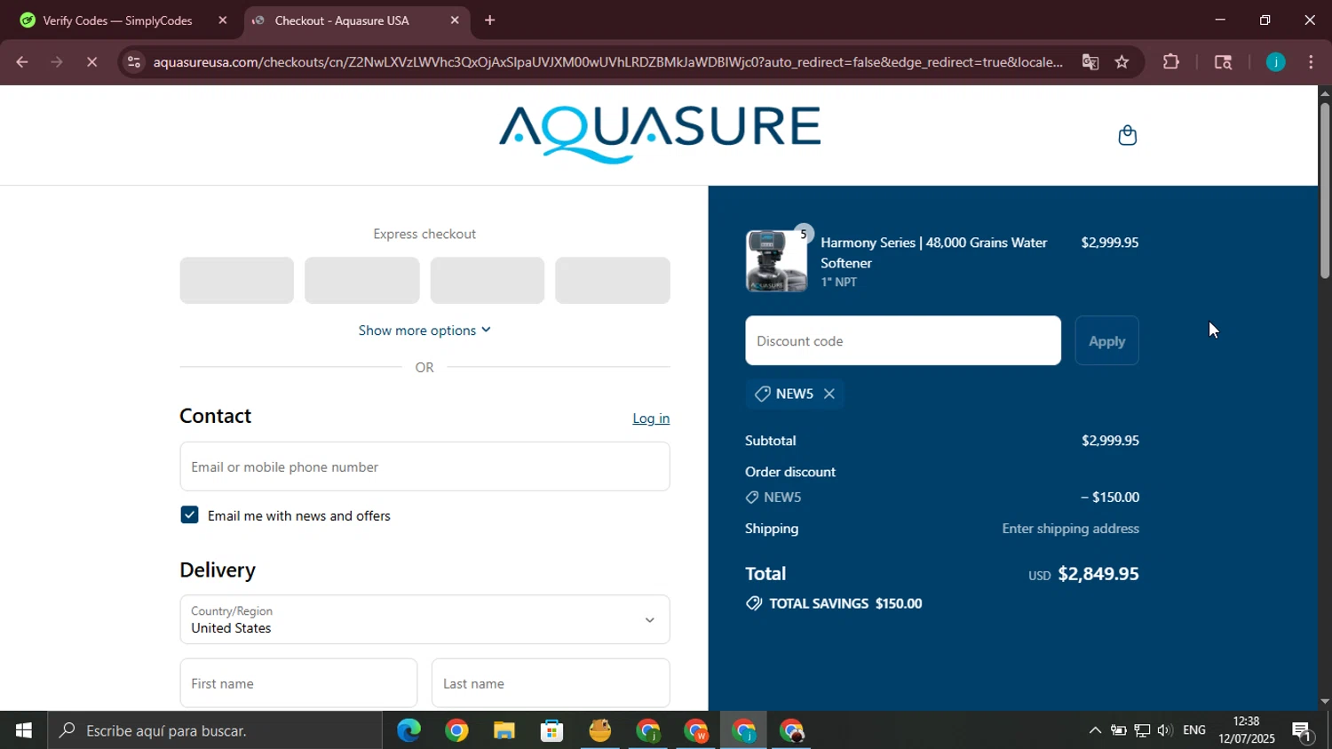 Aquasure discount code screenshot showing code NEW5 applied at Aquasure checkout page. Uploaded by SimplyCodes community member juanjo2 on Jul 12, 2025