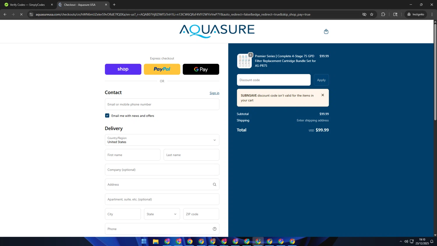Aquasure discount code screenshot showing code SUBNSAVE applied at Aquasure checkout page. Uploaded by SimplyCodes community member AVATIGRITO on Dec 24, 2025