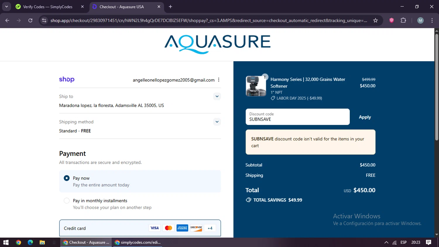 Aquasure discount code screenshot showing code SUBNSAVE applied at Aquasure checkout page. Uploaded by SimplyCodes community member maraxo on Aug 29, 2025