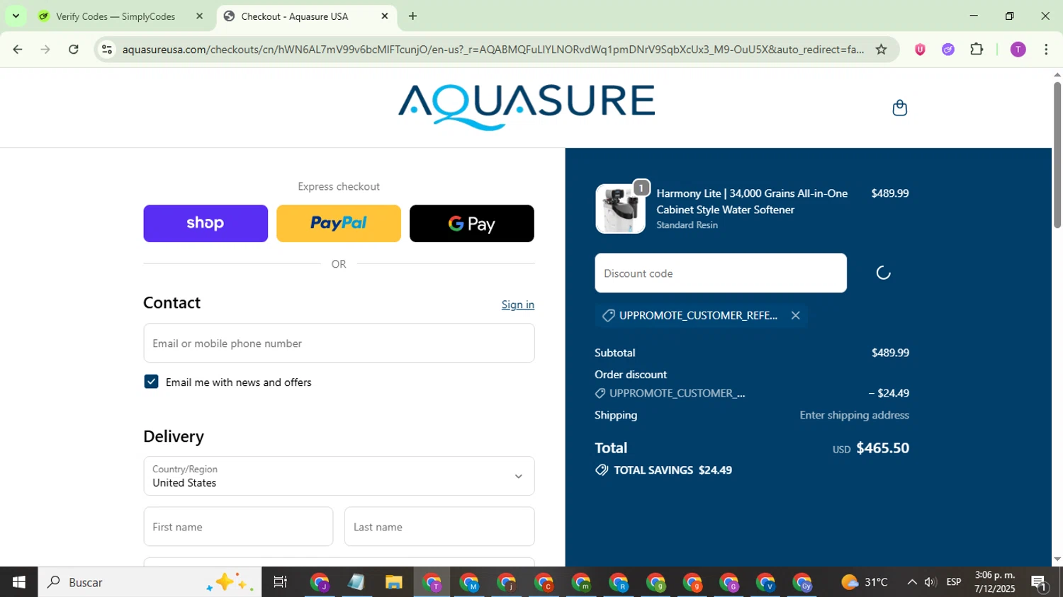 Aquasure discount code screenshot showing code UPPROMOTE_CUSTOMER_REFERRAL applied at Aquasure checkout page. Uploaded by SimplyCodes community member ThriftyCurator4085 on Dec 7, 2025