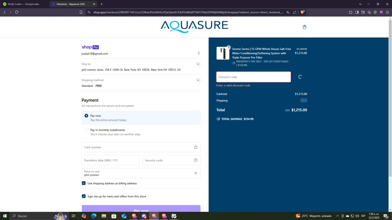 Aquasure discount code screenshot showing code AS-PR75A applied at Aquasure checkout page. Uploaded by SimplyCodes community member Despechao on Feb 22, 2025