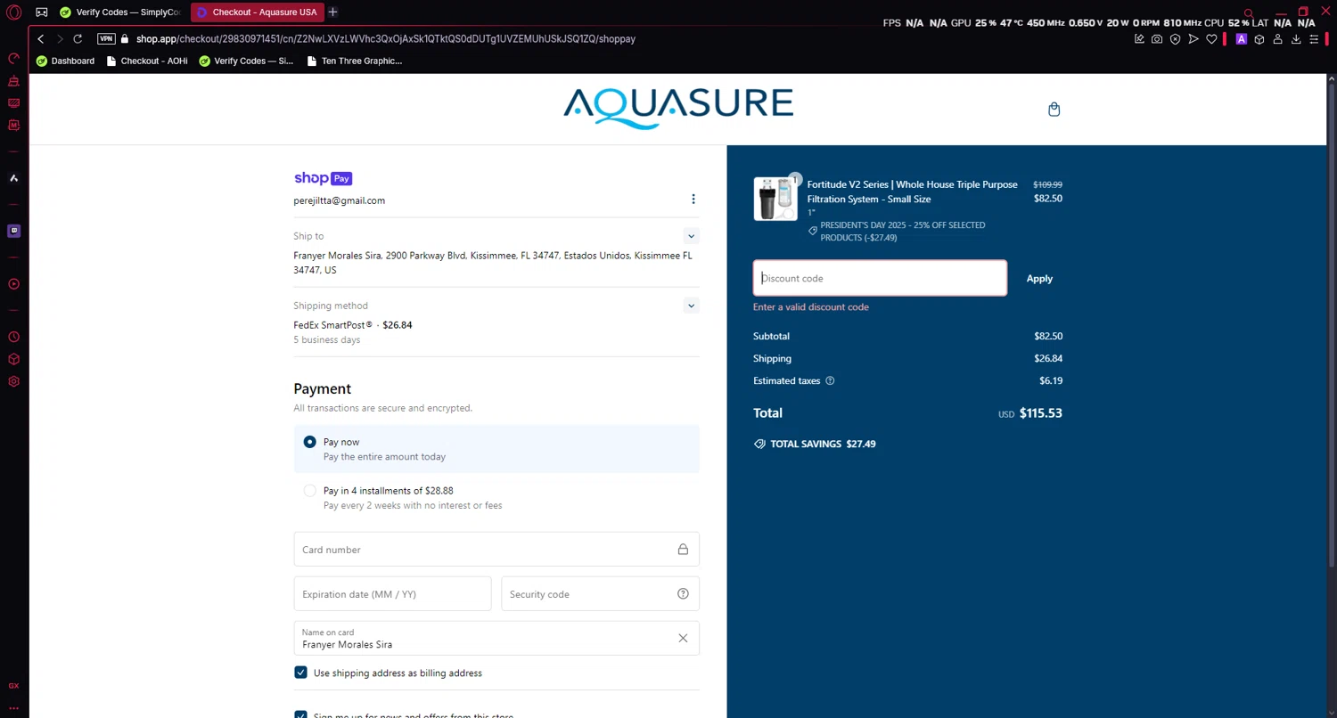 Aquasure discount code screenshot showing code AS-PR75A applied at Aquasure checkout page. Uploaded by SimplyCodes community member LuckyAce8014 on Feb 22, 2025
