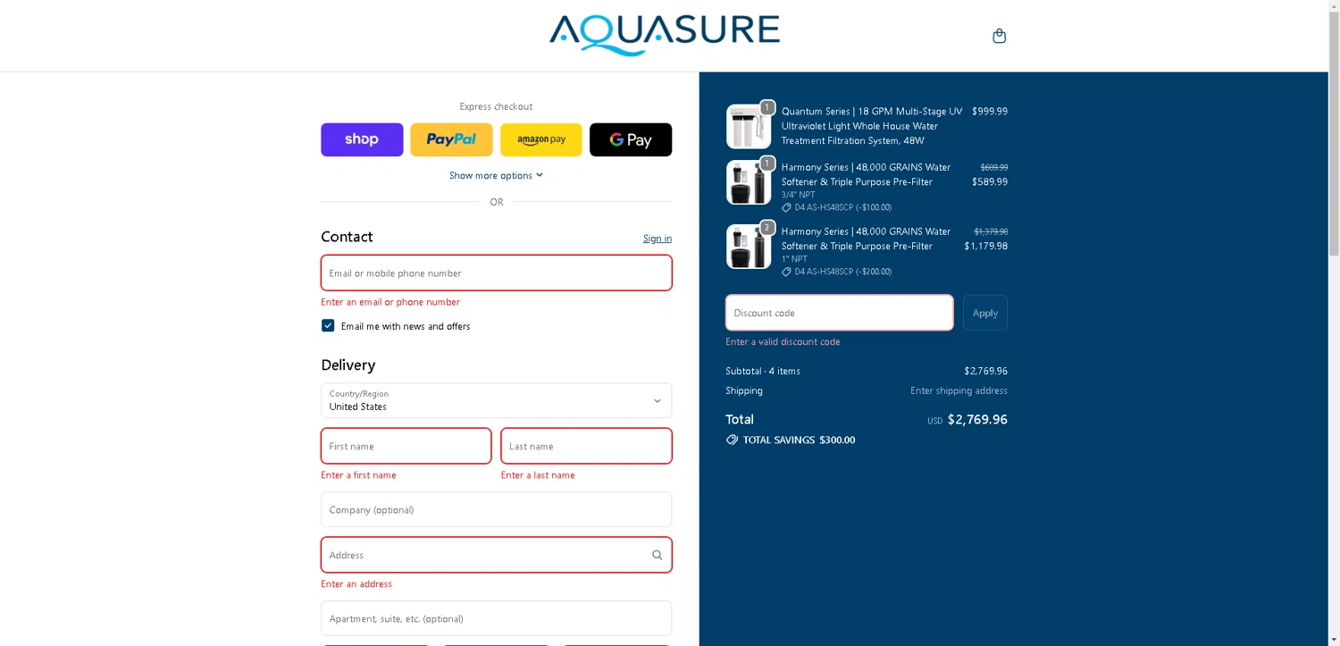 Aquasure discount code screenshot showing code PRIME-HS18 applied at Aquasure checkout page. Uploaded by SimplyCodes community member BargainCurator5453 on Oct 13, 2025