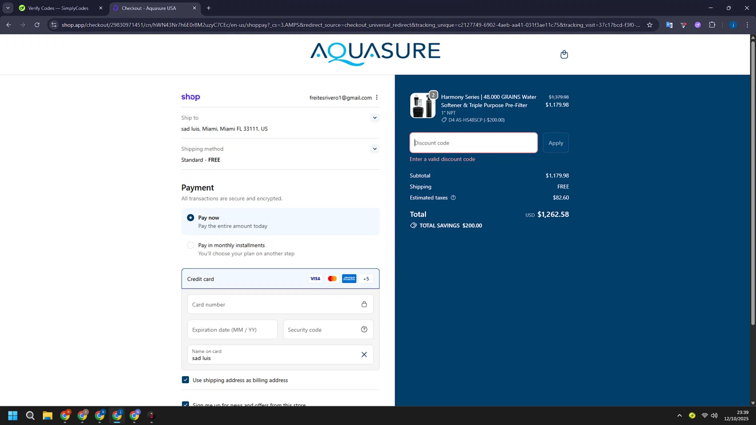 Aquasure discount code screenshot showing code PRIME-HS18 applied at Aquasure checkout page. Uploaded by SimplyCodes community member CashLegend3767 on Oct 13, 2025