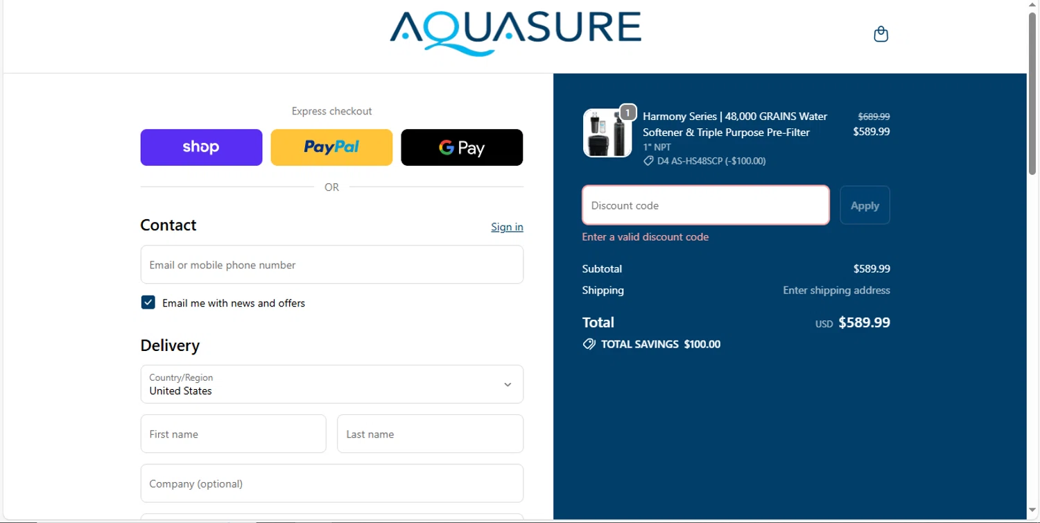 Aquasure discount code screenshot showing code PRIME-HS18 applied at Aquasure checkout page. Uploaded by SimplyCodes community member MagnificentVirtuoso8433 on Oct 14, 2025