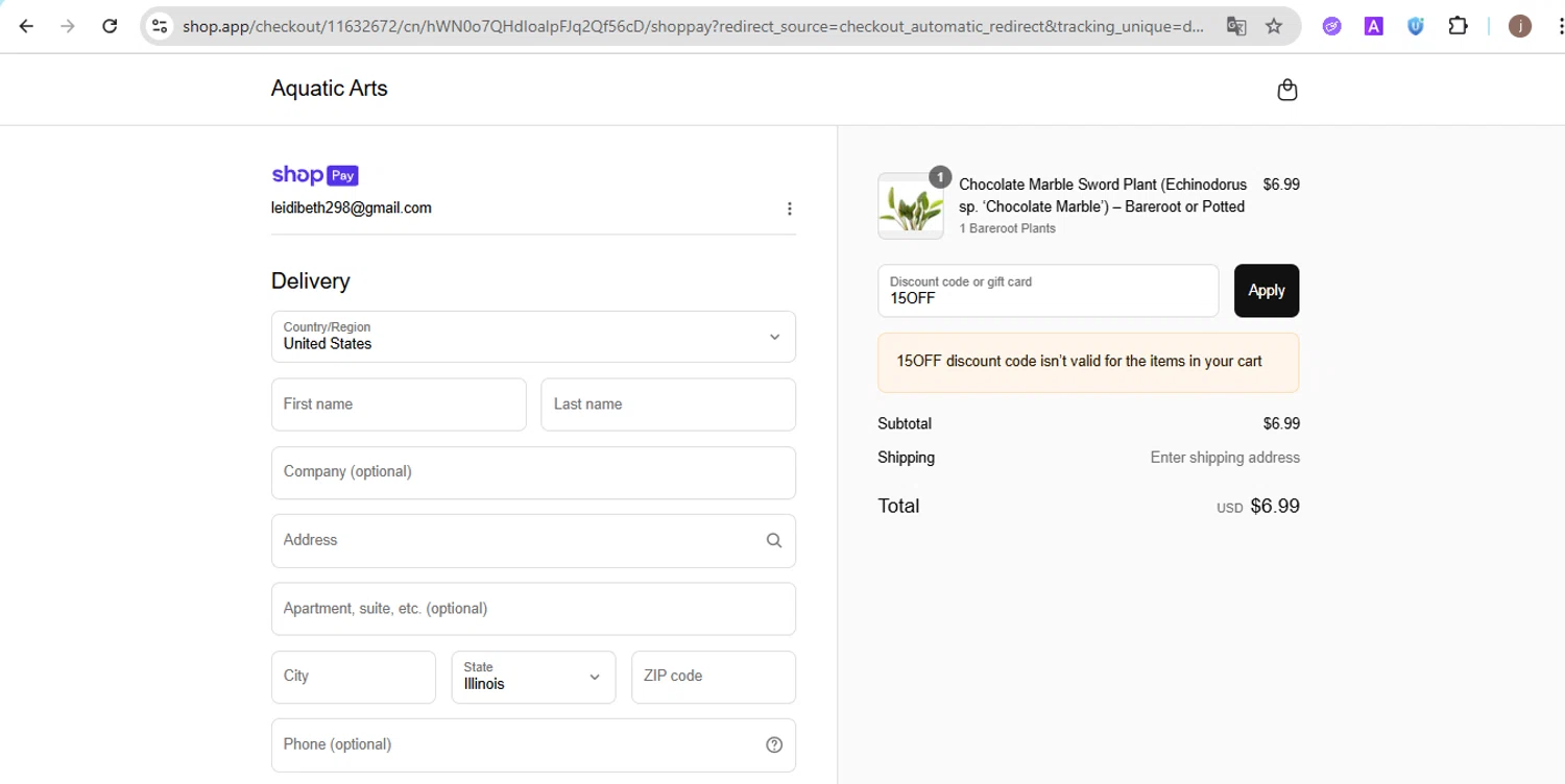 Aquatic Arts discount code screenshot showing code 15OFF applied at Aquatic Arts checkout page. Uploaded by SimplyCodes community member Jose29 on Jul 19, 2025